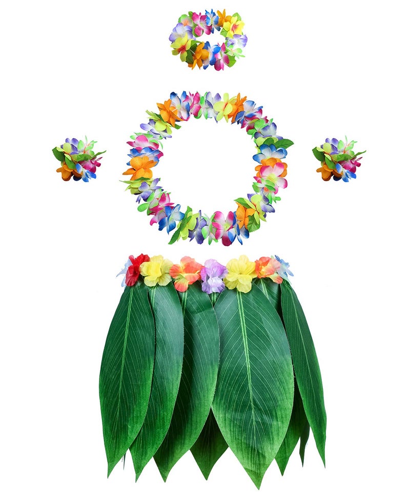 PIXHOTUL Leaf Hula Skirt and Hibiscus Leis Set Hawaiian Costumes for Beach Luau Party (Color 1) - Image 1